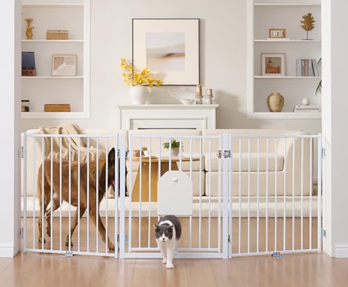 Freestanding Dog Gate with Cat Door for Indoor & Outdoor (White / 【3 Panels with Cat Door】30''Tall, 78" Wide)