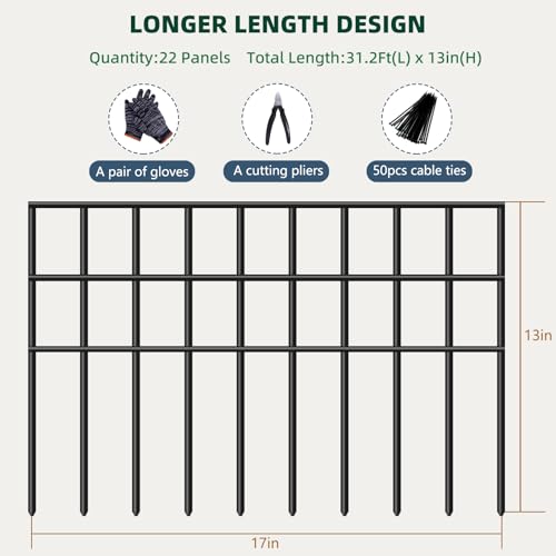 31ft(L) x 13in(H) Animal Barrier Fence, 22 Panels No Dig Garden Fence for Dog Rabbit, Rustproof Anti Digging Barrier, Garden Edging Border Ground Defense for Outdoor, Yard, Patio (Black / 22 Panels, 31ft(L) x 13in(H))