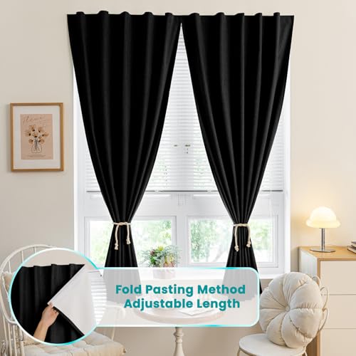 100% Blackout Magic Tape Stick On Curtains Window Shades Pull Down Blackout Window Cover No Drillng Self Adhesive Curtains No Rod Small Windows (35"W x 60"L (Pack of 1) / Black)
