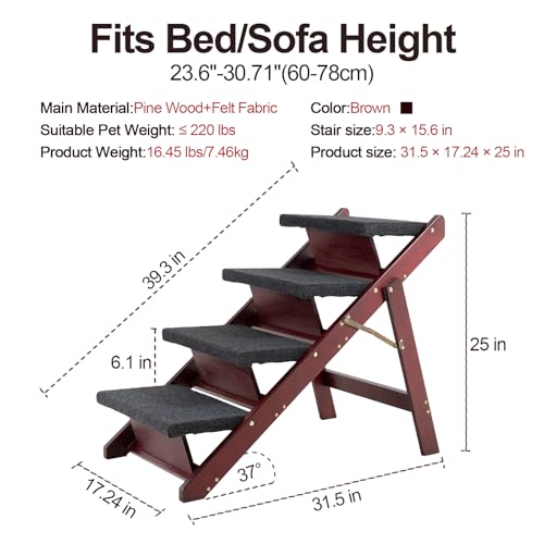 Wooden Pet Stairs (4 Steps – For Standard & High Beds (23–31 in) / 31.5" L x 17.2" W x 25.0" H)