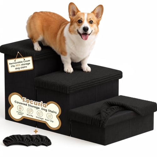 3 Step Wide Dog Stairs 18" H with Removable Cover (Covered Black / 30"D x 17"W x 17.7"H)