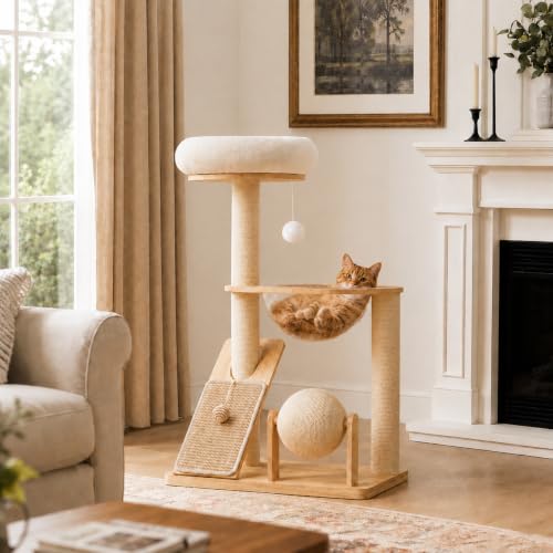 Solid Wood Cat Tree Tower with Scratching Post (White-Corduroy)
