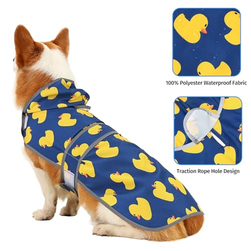 Dog Raincoat Waterproof Dog Rain Jacket with Hood (Navy Blue Duck / Large)
