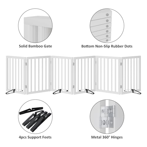 Wooden Dog Gate Freestanding Foldable 6 Panel Pet Gates Extra Wide Dog Gates for Indoor Doorways Stairs 24in Height Support Feet Included (Bamboo Dog Gate White / 6 Panel - 110 inches Wide)