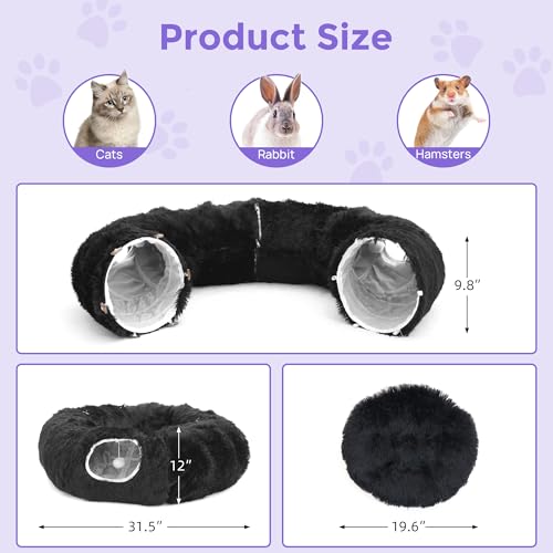 Plush Cat Tunnel Bed for Indoor Cats with Soft Cushion (Black)
