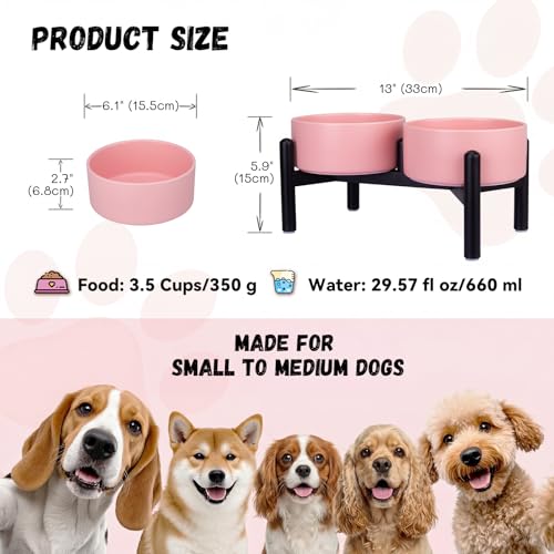 Raised Ceramic Dog Bowl Set with Stand (Pink / 2 Bowls - 3.5 Cups Each)