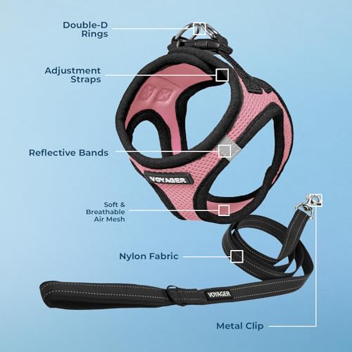 Voyager Step in Air All Weather Mesh Harness and Reflective Dog 5ft Leash Combo with Neoprene Handle (Pink/Black Trim / XS (Chest: 13 - 14.5"))