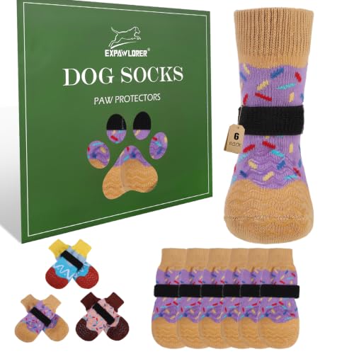 Anti Slip Dog Socks for Prevent Licking Paws & Hardwood Floor (Purple / X-Small(6 Pack))