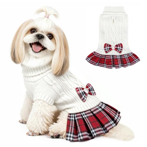 Small Dog Sweater Dress with Bowtie Turtleneck (Large (14-21lbs) / White)