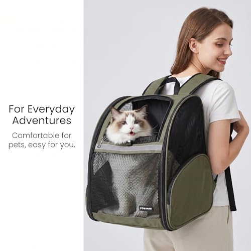 Cat Backpack Carrier for Small Dogs and Medium cat Puppy Kitten Bunny Pet Carrier Backpack Collapsible with Fully Ventilated Mesh with Safety Leash (DarkGreen / 12.9"L x 10.62"W x 15.5"H)