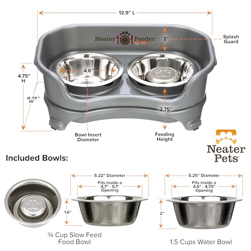 Express Mess Proof Dog Bowls Elevated for Small Breed (Small w/ Metal Slow Feed Bowl / Gunmetal Grey)