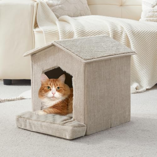 Cat Beds for Indoor Cats (Beige / 13.7"D x 13.4"W x 16"H)