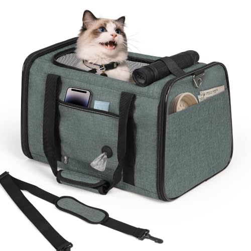 25lbs Cat Carrier Lightproof Soft Sided Pet Carrier for Large Cat (17.5"L x 11.0"W x 11.0"H / Grey green)