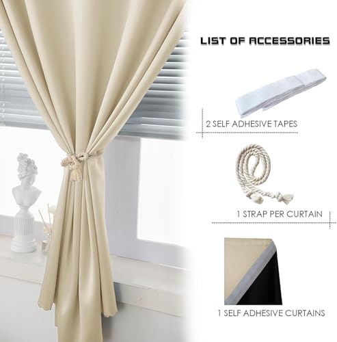 100% Blackout Stick Curtain Portable Black Out Curtains Adhesive Curtains for Bedroom Living Room No Drilling (Beige/ Thickened / 47"W x 59"L (Pack of 1))