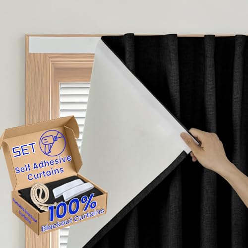 100% Blackout Self Adhesive Curtains Portable Blackout Curtain Simple and Easy to install Bedroom Window Thermal Lnsulated Kitchen Room Darkening Black Small Drapes (34"W x 72"L (Pack of 1) / Black)