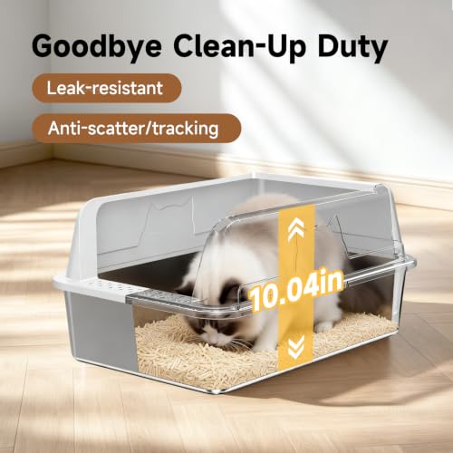 High Sided Stainless Steel XL Cat Litter Box for Cats (Grey XL)