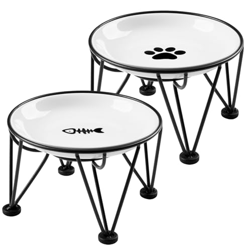 Elevated Ceramic Cat Bowls (anti-slip raised dish,2 pack / fishbone+cat paw)