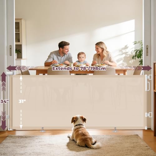 78" Retractable Extra Wide Baby Gates for Stairs (Beige / 34" Tall x 78" Wide)