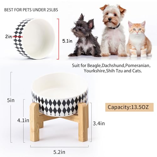 Raised Elevated 15°Slanted Ceramic Dog Bowl for Small Breeds (Black Rhombus / 1.7 CUPS - Puppy/Small Dogs & Cat Bowls)