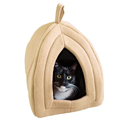 Cat House Indoor Bed with Removable Foam Cushion (Tan)