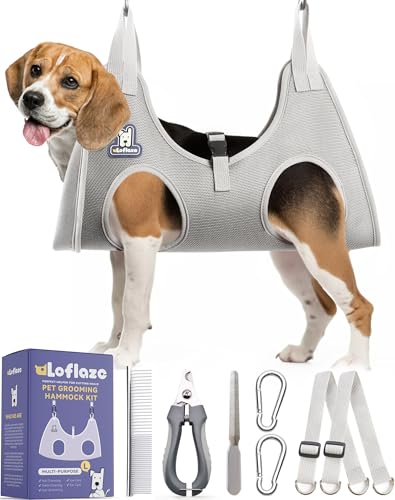 Dog Grooming Hammock Harness for Dogs & Cats with Pet Nail Clipper Trimmer (L ( Legs Distance : 8-16" / Max W：65lb ) / Grey)