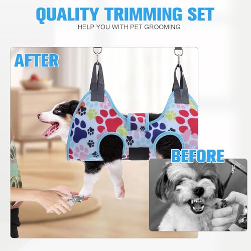 Dog Grooming Hammock Harness for Dogs & Cats with Pet Nail Clipper Trimmer (XS / Blue)