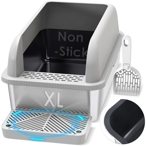 XL Non Sticky Coated Stainless Steel Cat Litter Box with Lid (Light Grey & Black Teflon / Large)