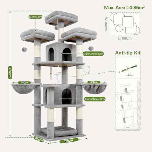 Big XL Cat Tower for Indoor Multiple Cats (Light Grey / 68 inch)