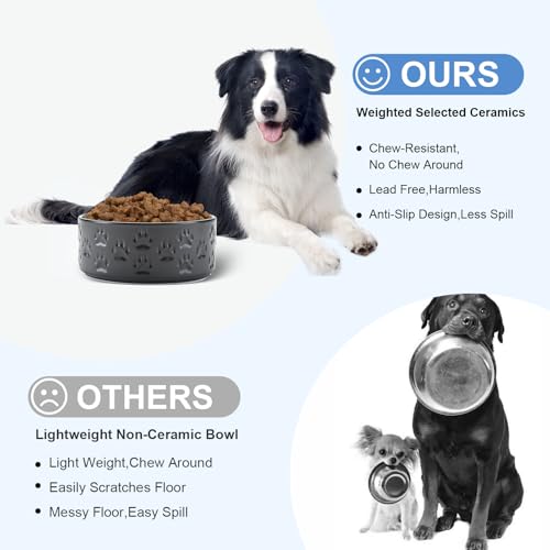 Ceramic Dog Bowls 2 Pack (7.3 in - 5.3 cups / Paw Black - Only Bowls*2)