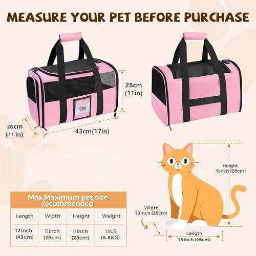 Large Soft Cat Carrier Up to 28 Lbs (Pink / 13.0"L x 13.0"W x 20.0"H)