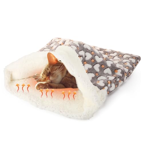 Self Heating Cat Sleeping Bag for Indoor Cats (Heart / Gray)