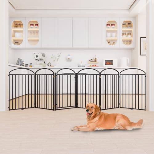 6 Panels Full Matel Freestanding Dog Gates with Door (【6 Panels with Door】144"W*36H" / Black)