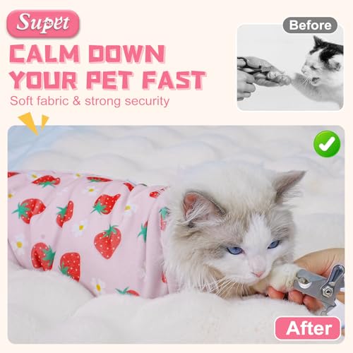 Cat Grooming Wrap for Nail Trimming (L-27.6in ( Weight:＜ 17lbs ) / Srawberry)