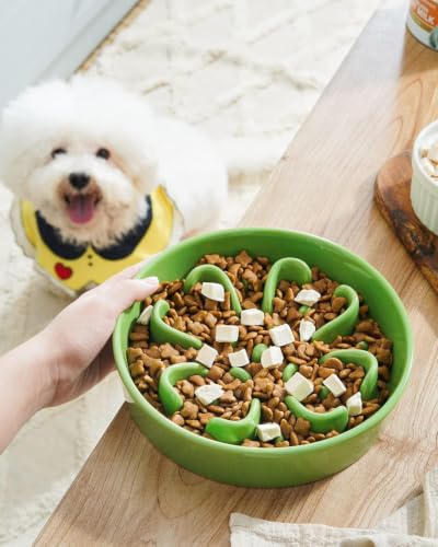 Dog Bowls Slow Feeder Ceramic (Pink+Green(2 Pieces) / M-1.5 Cups)