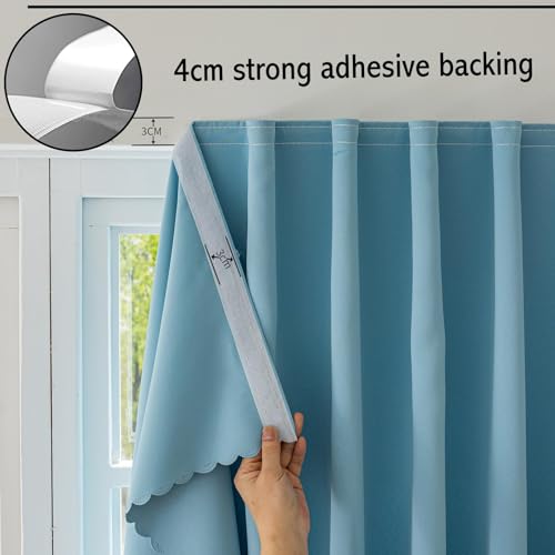 Magic Tape Stick on Curtains Blackout Curtains for Bedroom no Drillng Self Adhesive Curtain no Rod Small Window (Sky Blue / 59"W x 71"L (Pack of 2))