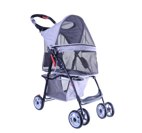 Full Window pet Stroller 4 Wheels for Cats & Dogs (With Zipper Pet Stroller / Gray)