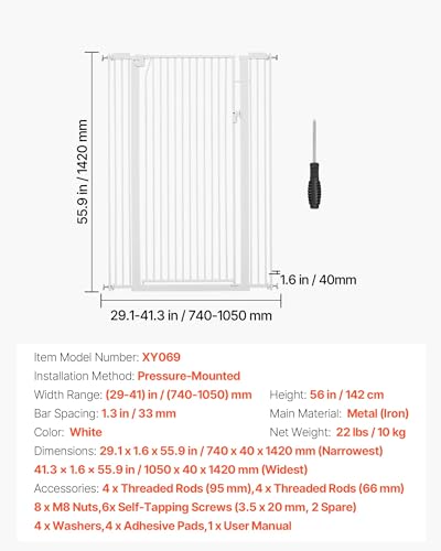Extra Tall Pet Gate for Cats (White / 29-41" Wide x 56" Tall)