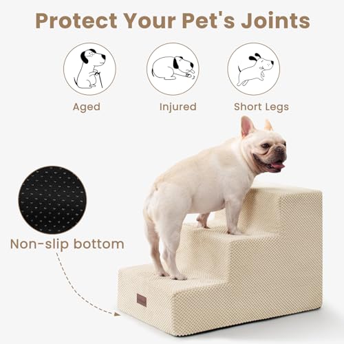 Dog Stairs for Small Dogs (Beige / Wider 3-Step 15.7" H)