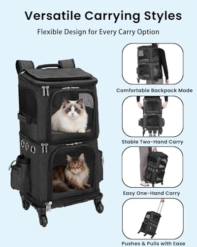Double Compartment Cat Carrier Backpack with Wheels for Two Pets (14.6"L x 11.2"W x 21.6"H / Black)