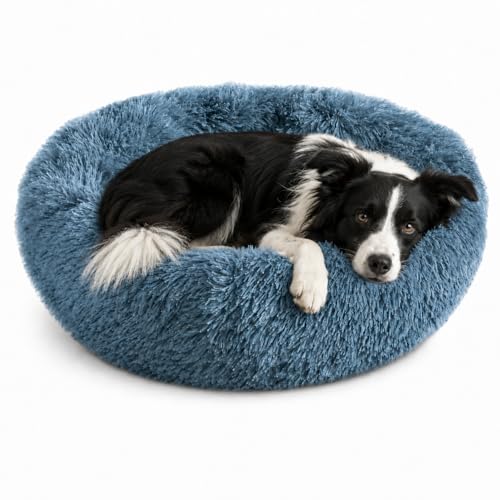Round Dog Beds for Medium Dogs (Navy-Grey / 31.00" x 31.00" x 8.00")