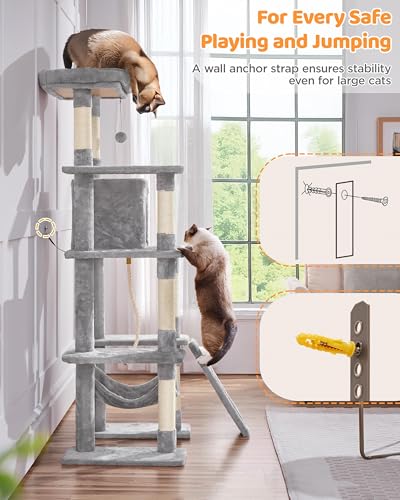 63in Sturdy Large Cat Tree for Indoor Heavy Cats (Light Gray / 63in)