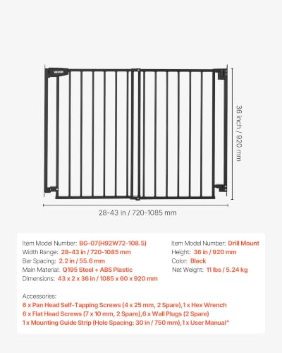 Pet Gate for Stairs (Black / 29-43" Wide x 36" Tall)