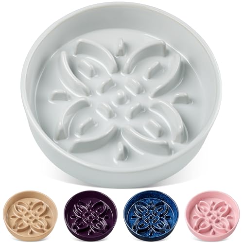 Ceramic Slow Feeder Dog Bowls (L-3 Cups / Grayish Cyan)