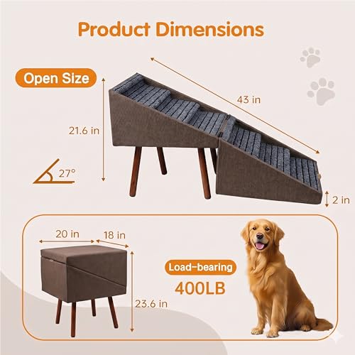 XXL 2-in-1 Ottoman Dog Stairs for Large Dogs,21.6 Inch Foldable (Coffee H 21.6'')