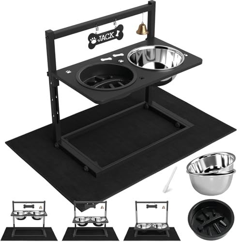 Elevated Dog Bowls with Slow Feeder and Spill Proof Mat (Black - Metal Slow Bowl & Mat / Large Dogs)