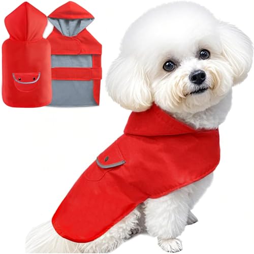 Dog Raincoat Dogs Rain Jacket for Puppy Small Dogs Waterproof Pet Clothes Reflective Poncho Rainwear Breathable Lined Pocket Hooded Leash Hole Adjustable (Red / S:Back Length 8.6")