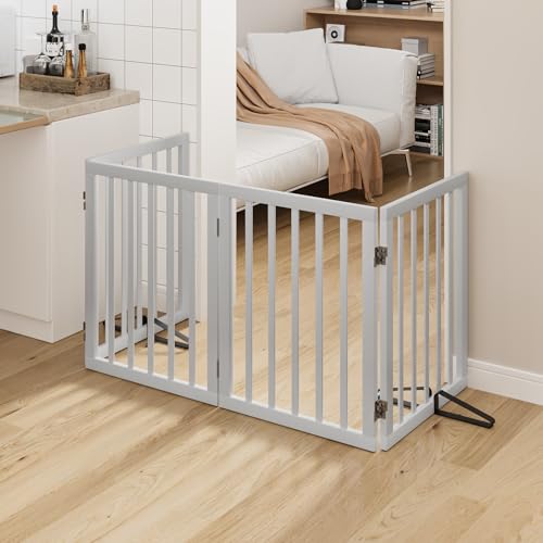 Wooden Dog Gate Freestanding Foldable Pet Gate 4 Panel Fully Assembled Dog Gates for Doorways House Stairs (White / 4 Panel - 74 inches Wide)