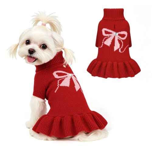 Bowknot Dog Sweater Dress for Small Dogs Girl (Large (14-21lbs) / Red)
