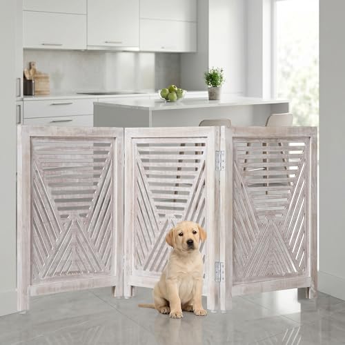 Lightnpro 3 Panel Carved Wooden Dog Gate (White Wash / 24x54 - Clover)