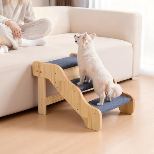 Wood Pet Stairs (Wood Color+Blue / 3-Step Fixed)